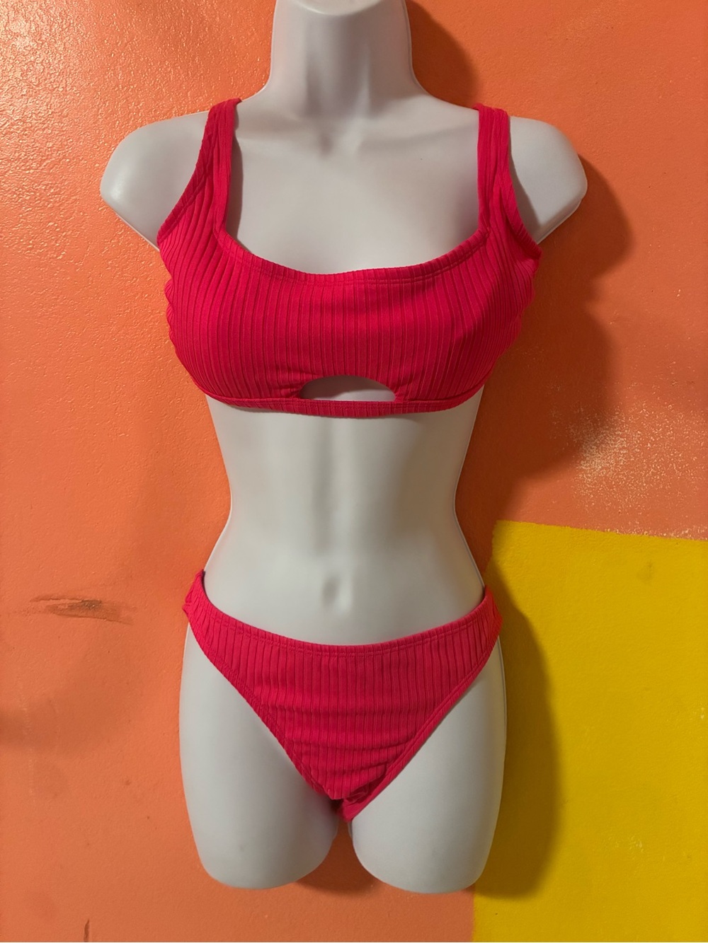 Women's Hot Pink Ribbed Cutout Bikini Set